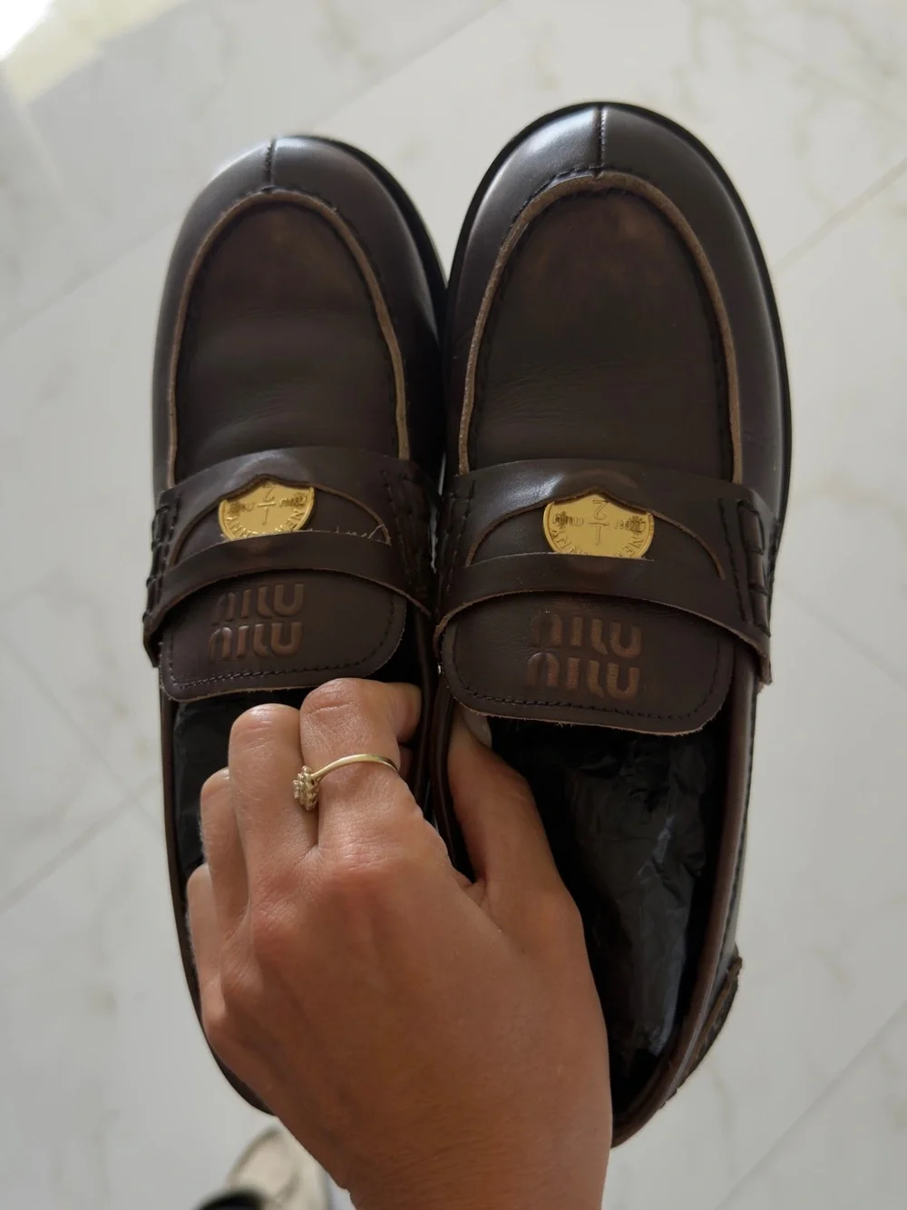 Miu Miu Dark Brown Leather Loafers with Gold Crest % AUTHENTIC